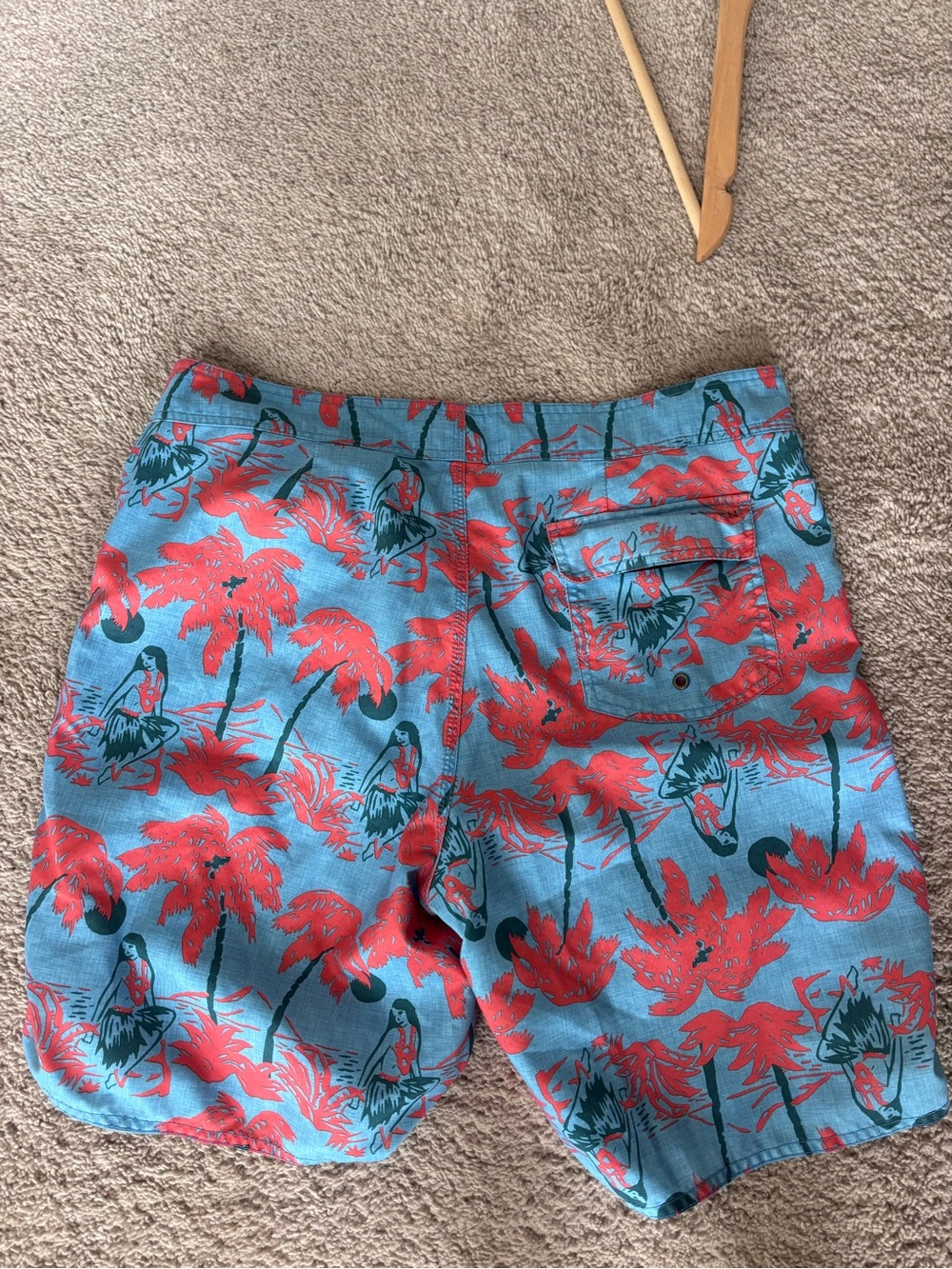 Brixton Blue Swim Shorts with Red Tropical Print